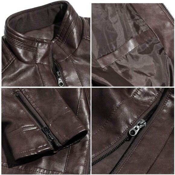 🆕 Men Brown Stand Collar Leather Jacket Motorcycle Lightweight Faux Outwear - Picture 7 of 7